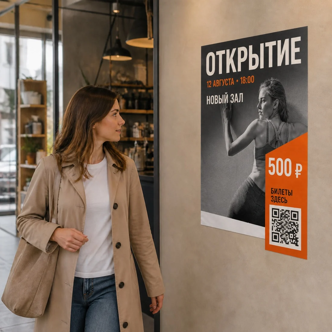 Прохожая замечает бумажный плакат с событием, датой, ценой и QR-кодом; для заказа в Брянске
