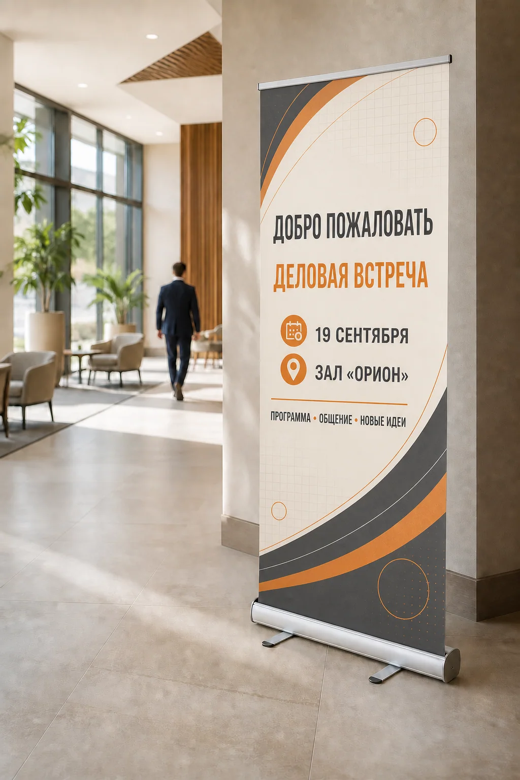 Roll-up «ДОБРО ПОЖАЛОВАТЬ» для деловой встречи 19 сентября в лобби