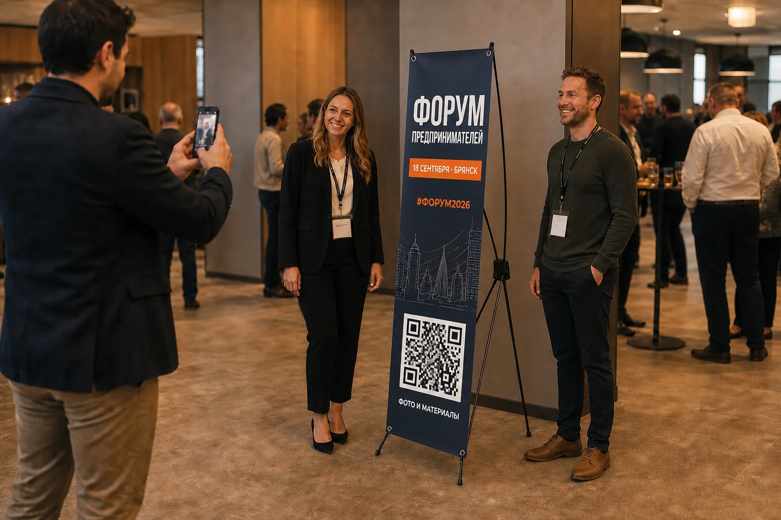 Участники фотографируются рядом со стендом паук с названием, датой и QR-кодом форума; для заказа в Брянске
