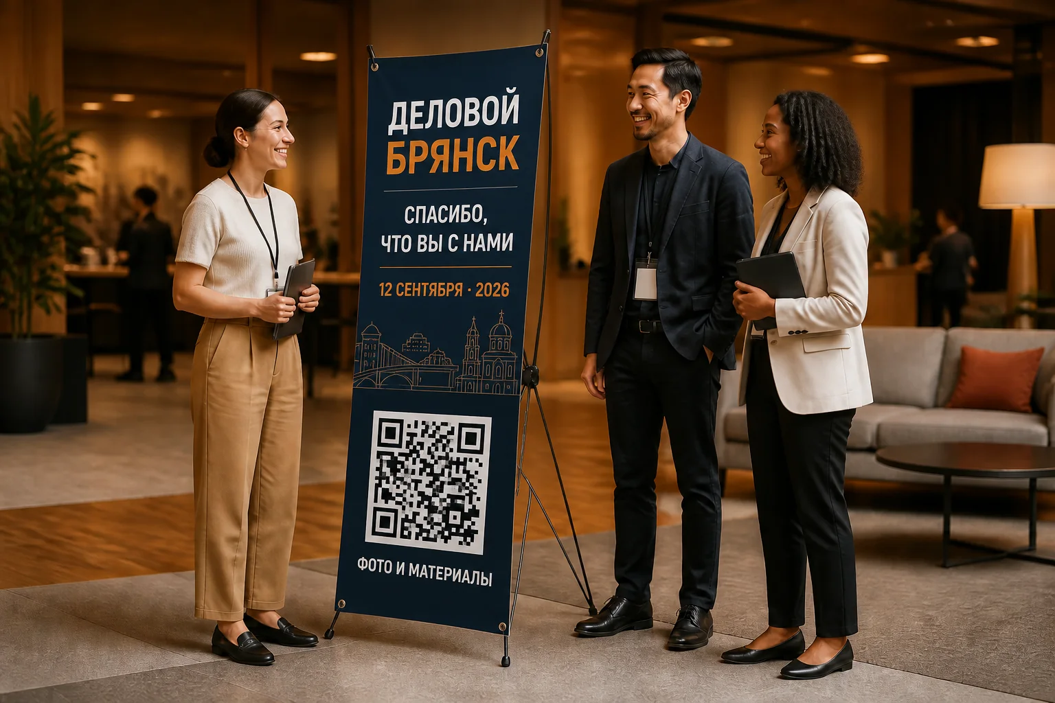 Гости делового мероприятия рядом со стендом паук с датой и QR-кодом для программы и материалов; для заказа в Брянске