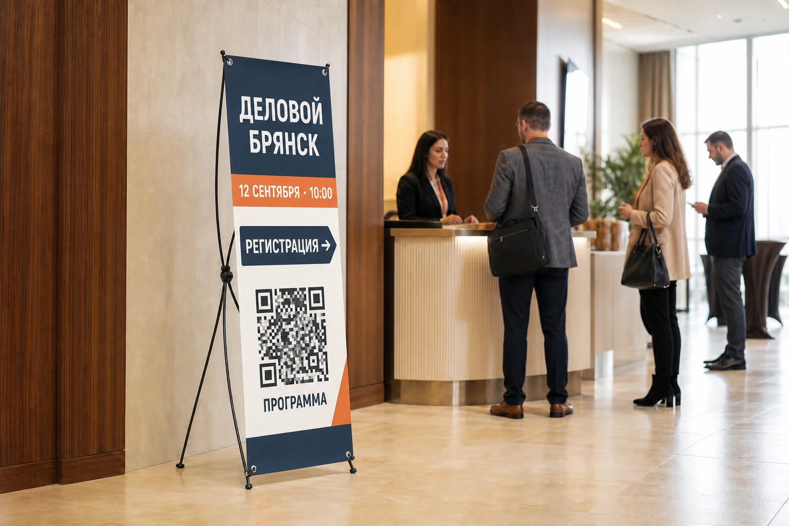 Вертикальный стенд паук с датой, временем начала и QR-кодом у входа на бизнес-форум; для заказа в Брянске