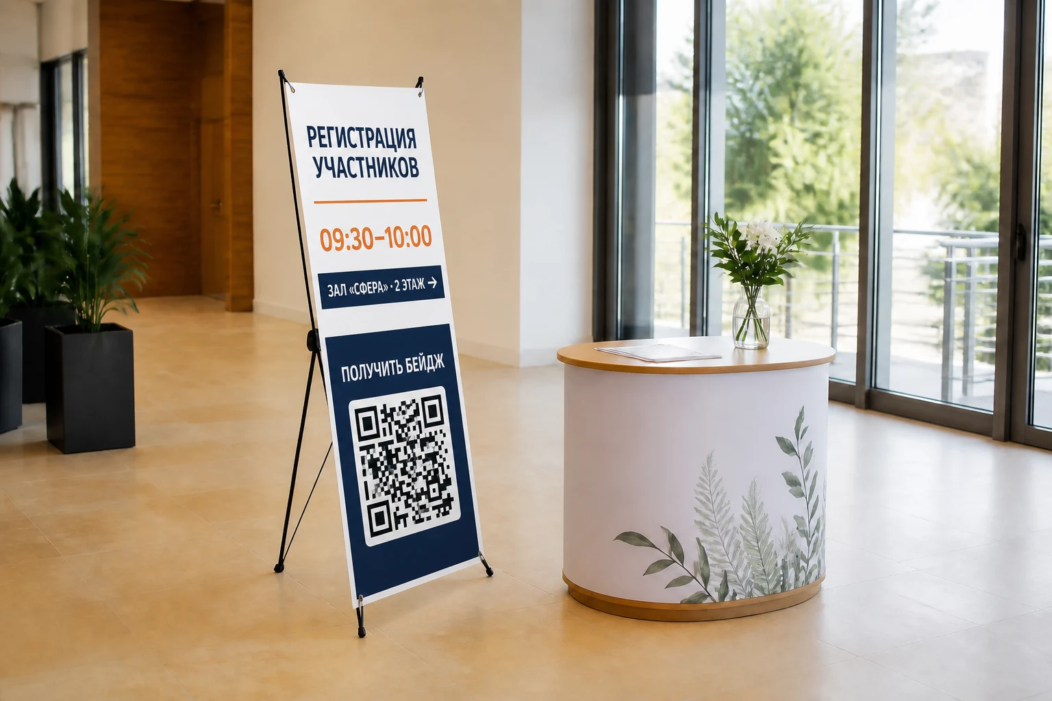 Стенд паук с информацией о регистрации участников и QR-кодом у стойки организаторов; для заказа в Брянске