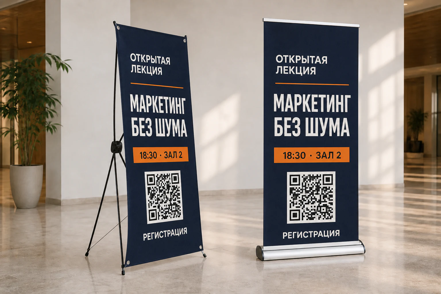 Стенд паук и Roll-up с одинаковым макетом делового мероприятия; для заказа в Брянске