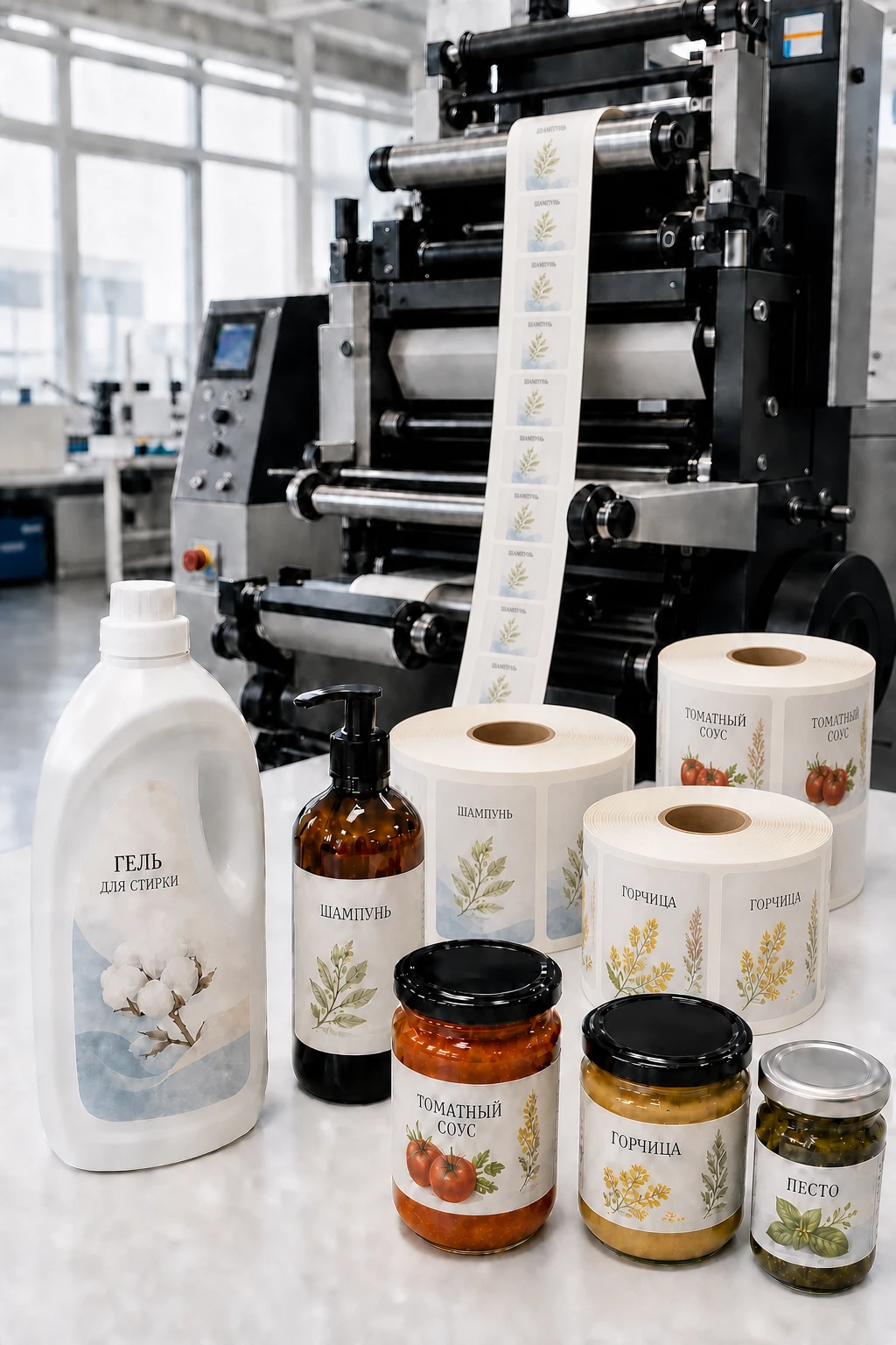 Товарные этикетки на бутылках, банках и рулонах для продуктов, косметики и бытовой химии