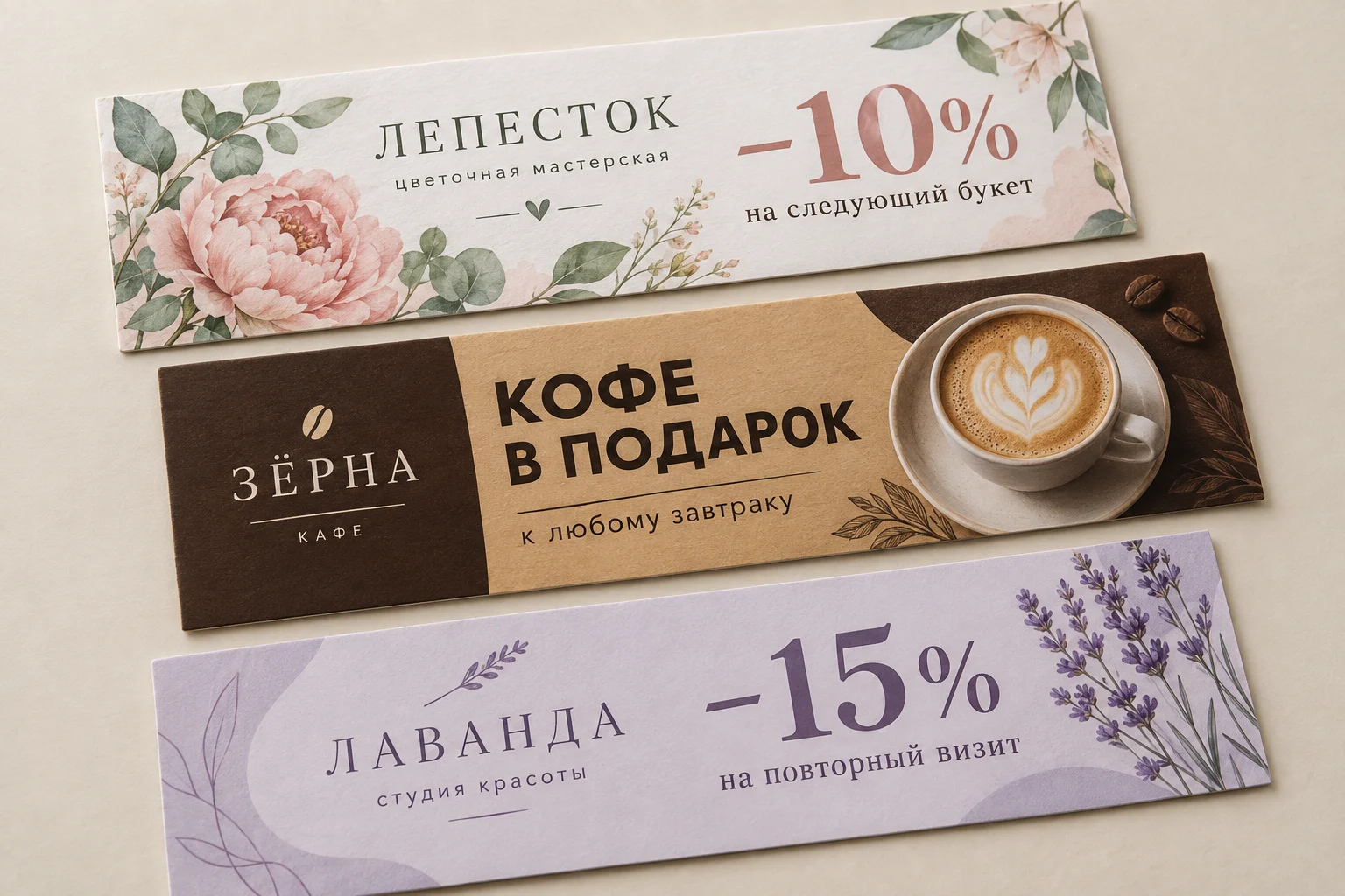 Купоны с разным оформлением для цветочного магазина, кафе и студии красоты: скидка, подарок и предложение на следующий визит