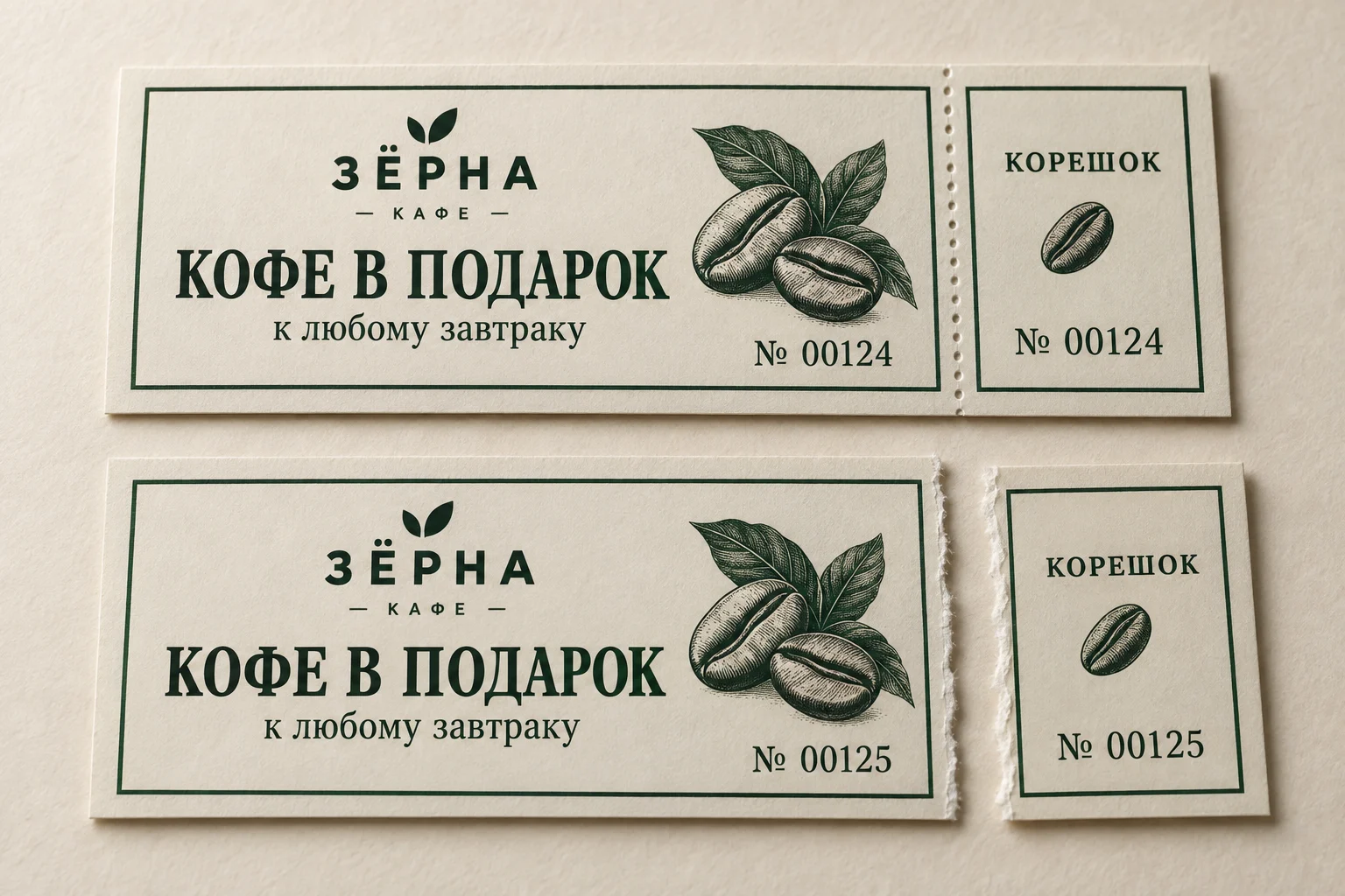 Целый и разделённый по перфорации купоны: номер 00124 или 00125 повторяется на купоне и его контрольном корешке