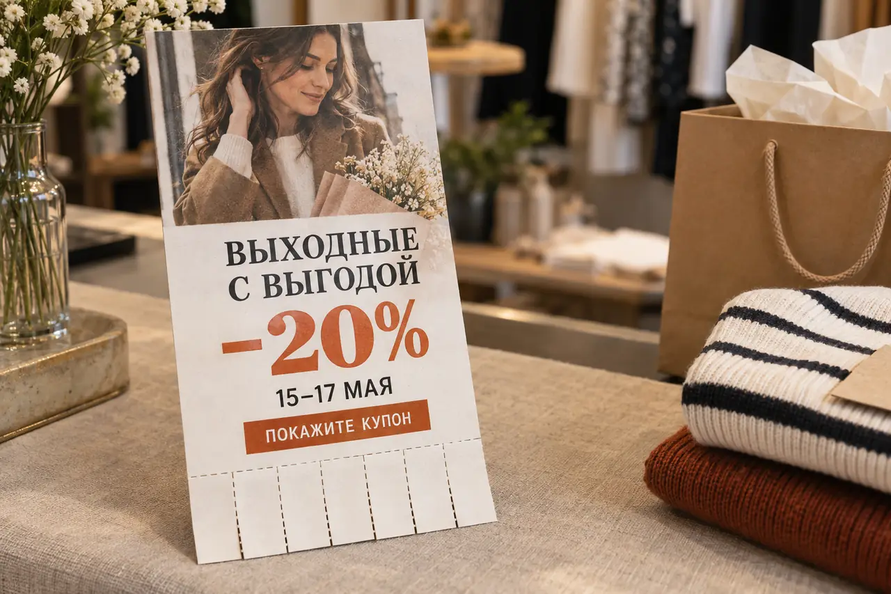 Печатный флаер с отрывным купоном и скидкой 20 процентов на выходные