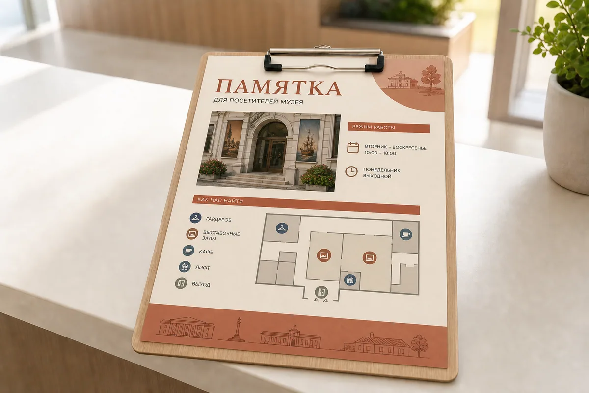 Памятка для посетителей музея формата A4 со схемой и режимом работы