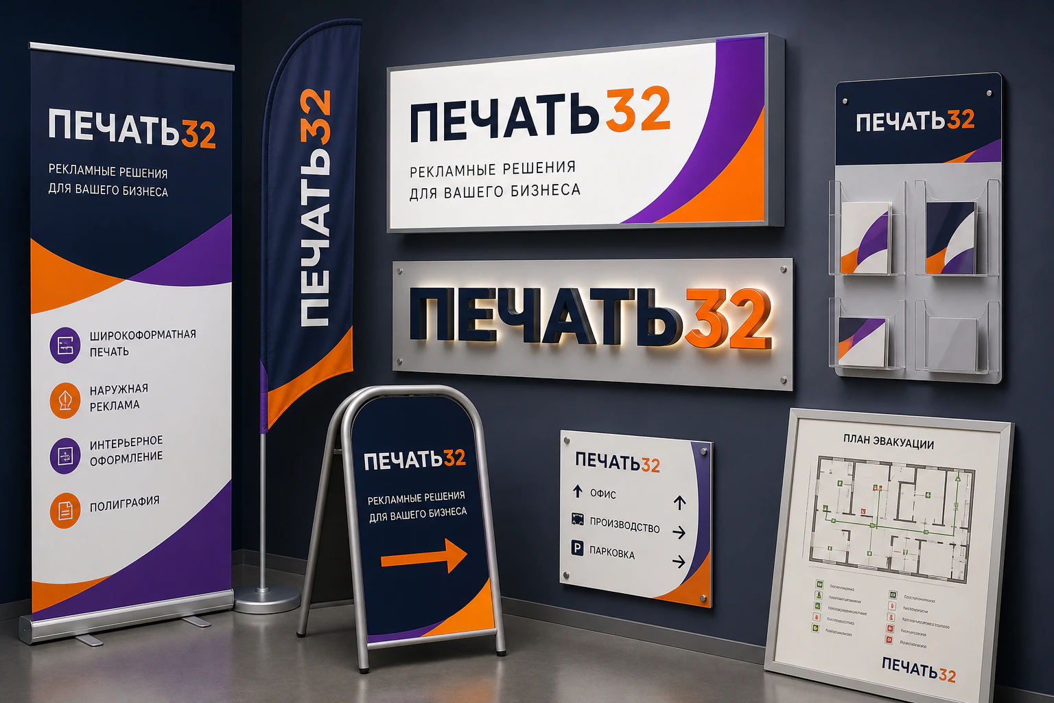 Рекламные конструкции и баннер с фирменной печатью ПЕЧАТЬ32