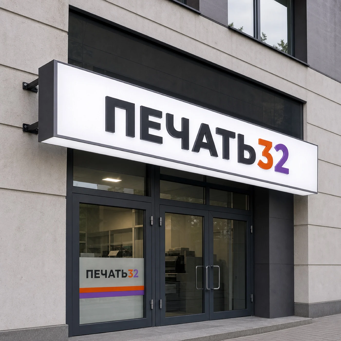 ПЕЧАТЬ32 — Вывески; Фирменная плоская фасадная вывеска без подсветки, фотография в каталоге услуг, кадр 1, получение в Брянске, «Наружная и интерьерная реклама»