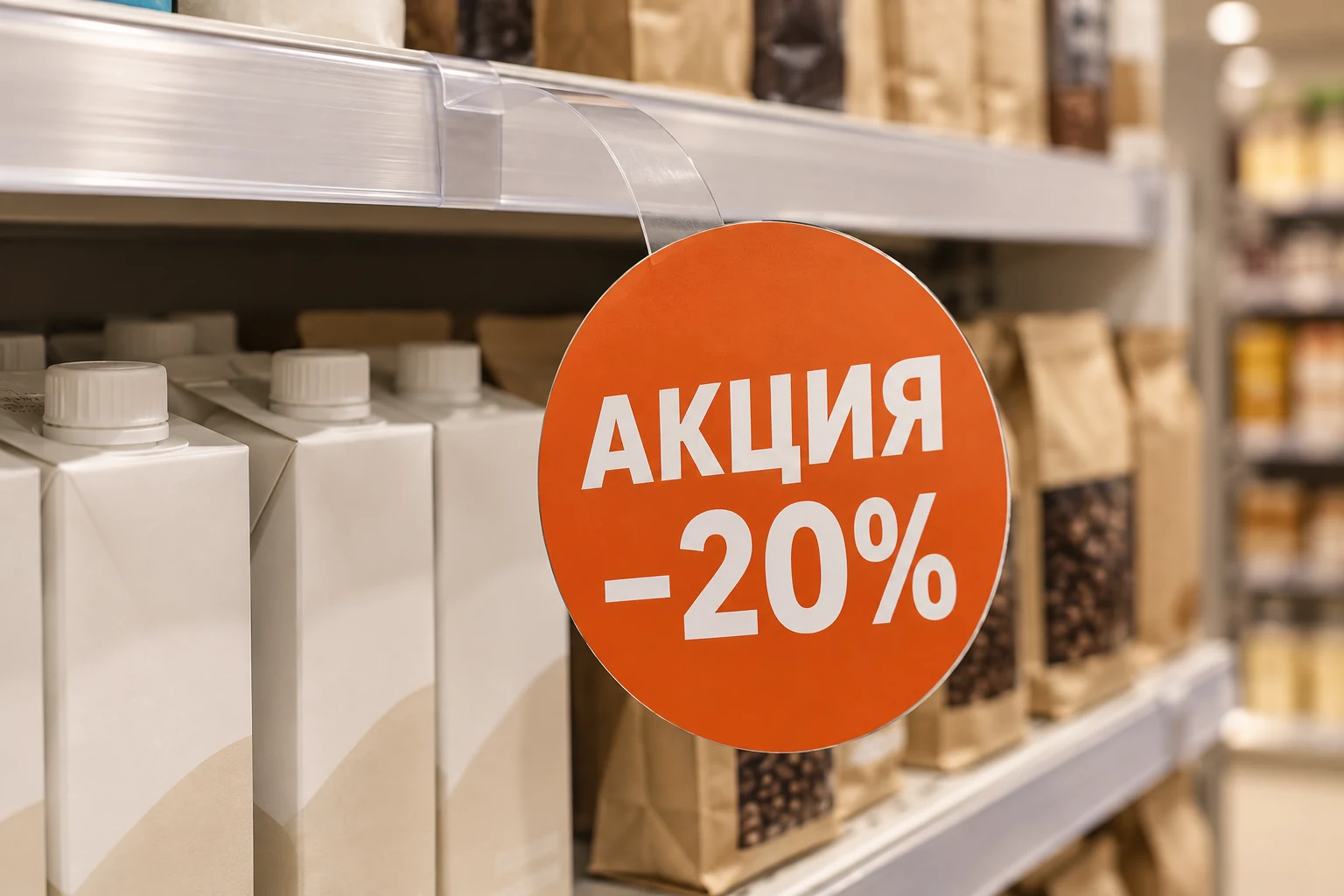 Рекламный воблер «АКЦИЯ −20%» выступает перед товарами на полке на прозрачной гибкой ножке